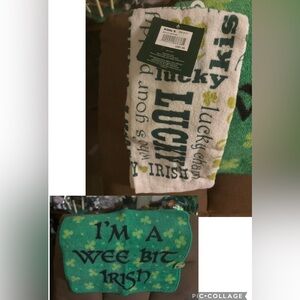 New/Tags Kohl’s Set of 2 Green& White St.Paddy’s Day Hand Towels & Irish Rug $8